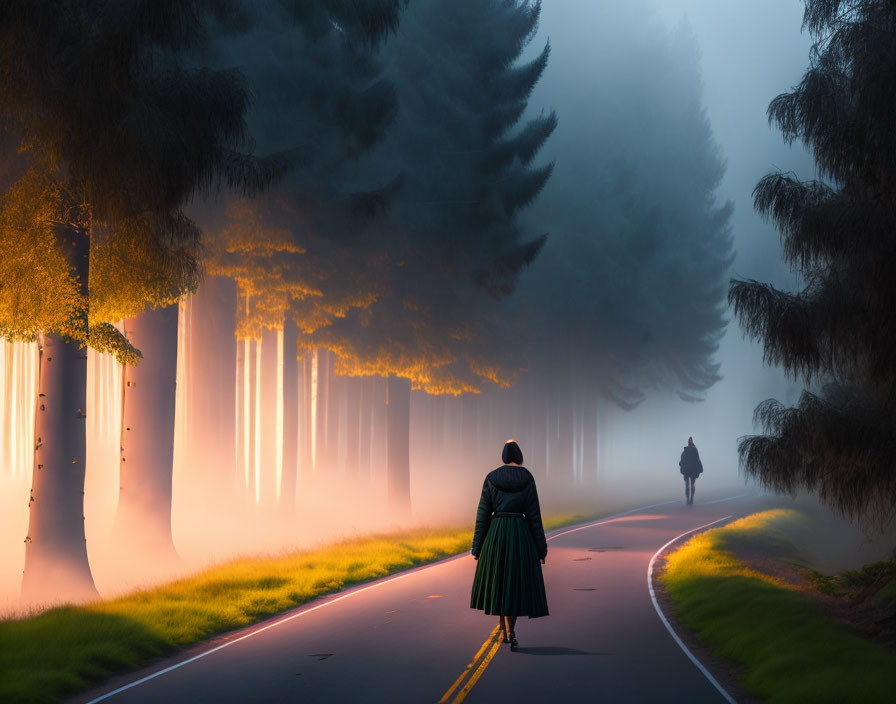 Mysterious figure walking on foggy road with sunlit trees