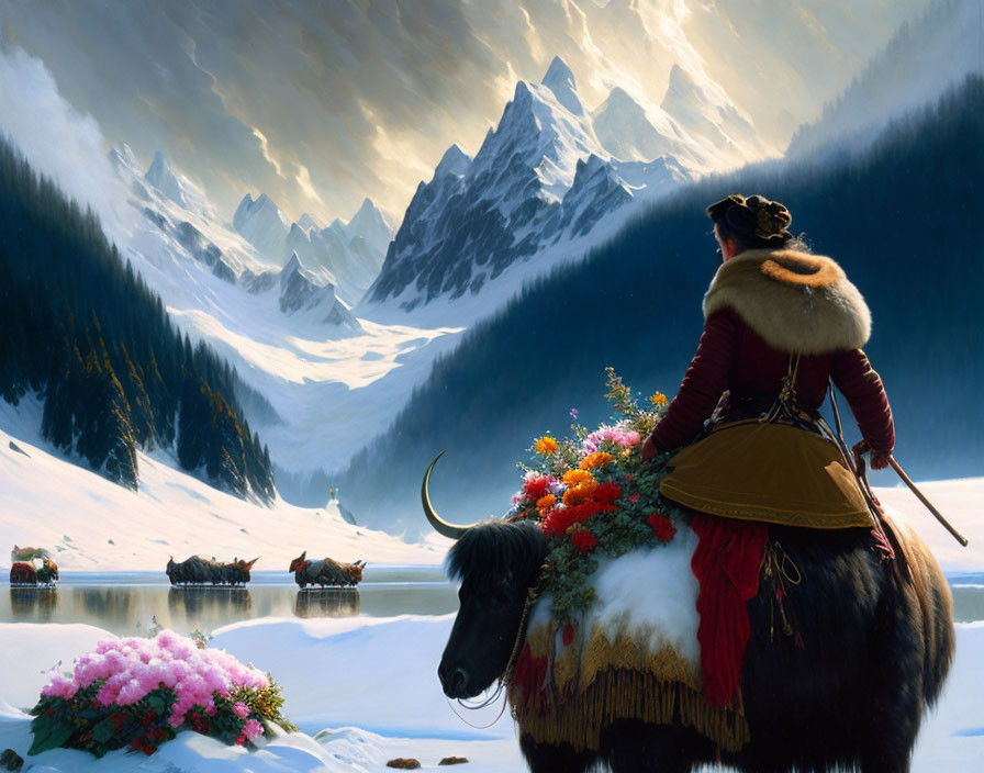 Traditional Attire Person Riding Yak in Mountain Landscape