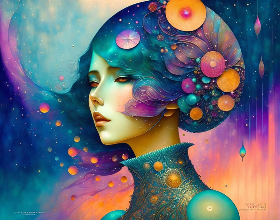 Colorful digital artwork of a woman with cosmic headpiece