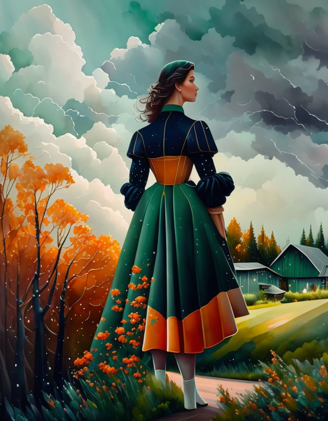 Vintage-dressed woman gazes at stormy twilight landscape with cozy cottages in vibrant nature