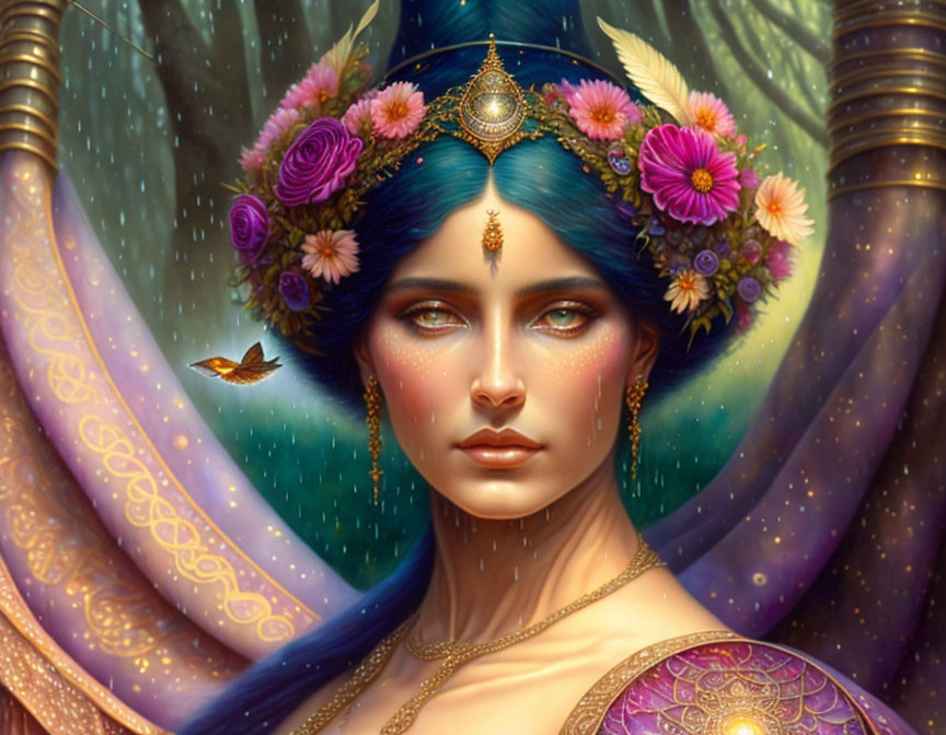 Fantasy illustration of woman with blue skin and flower headpiece holding shield