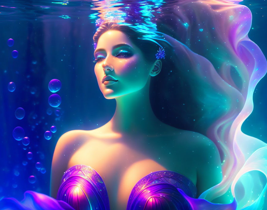 Colorful underwater mermaid illustration with flowing hair and bubbles