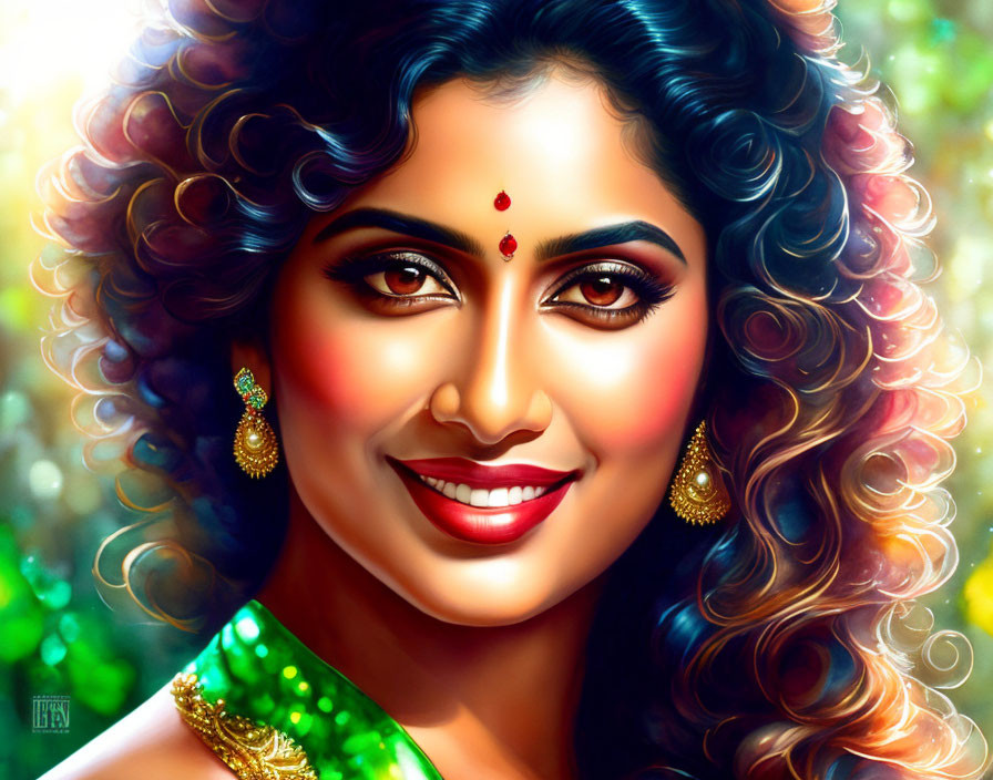 Vibrant digital artwork of a woman in green attire and Indian jewelry