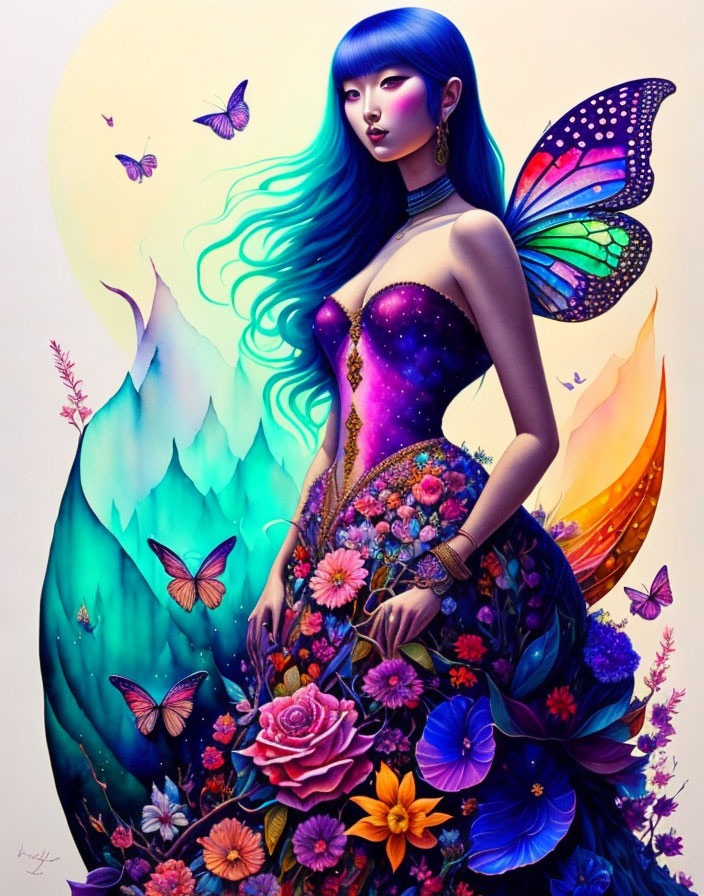 Fantastical illustration of woman with blue hair and butterfly wing in floral setting