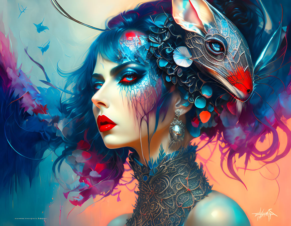 Fantastical illustration of woman with blue hair and vibrant makeup