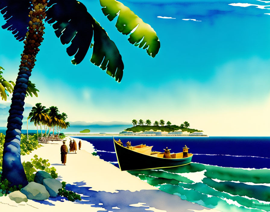 Tropical beach scene with palm trees, people, boat, islands, sunny sky