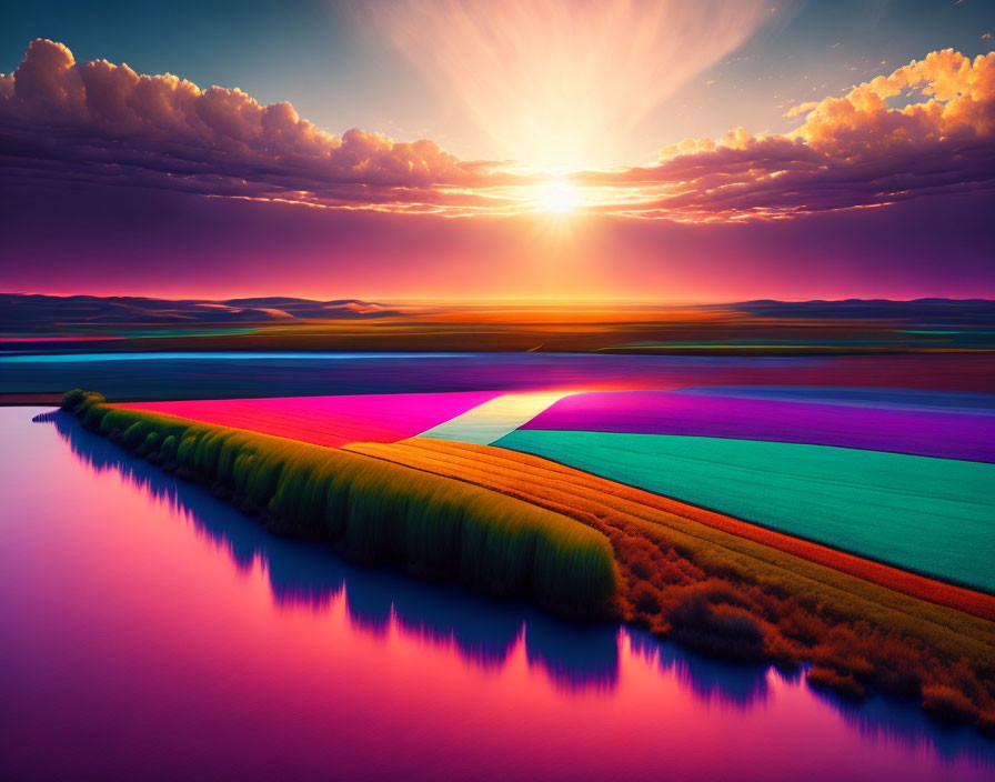 Colorful Striped Fields & Tranquil Lake at Sunset