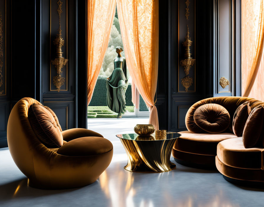 Luxurious Interior with Round Brown Chairs & Golden Draped Curtains