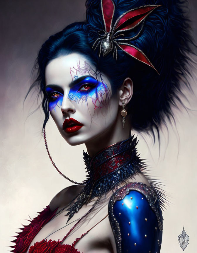 Digital artwork featuring woman with blue eyes, dark hair, feathered accessory, red & blue makeup,