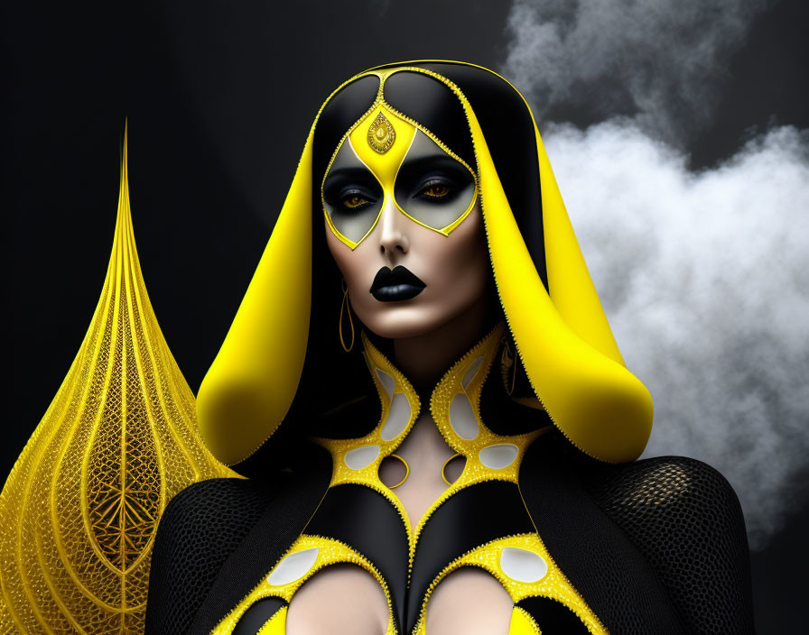 Geometric yellow and black body paint portrait on dark backdrop