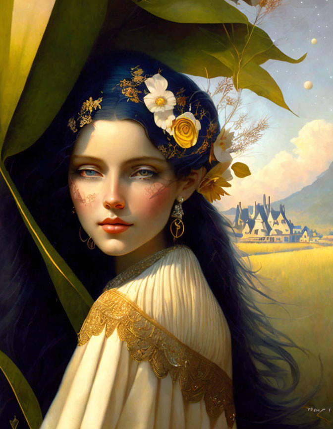 Digital painting of woman with blue hair and flowers, gazing from behind a leaf in pastoral village.