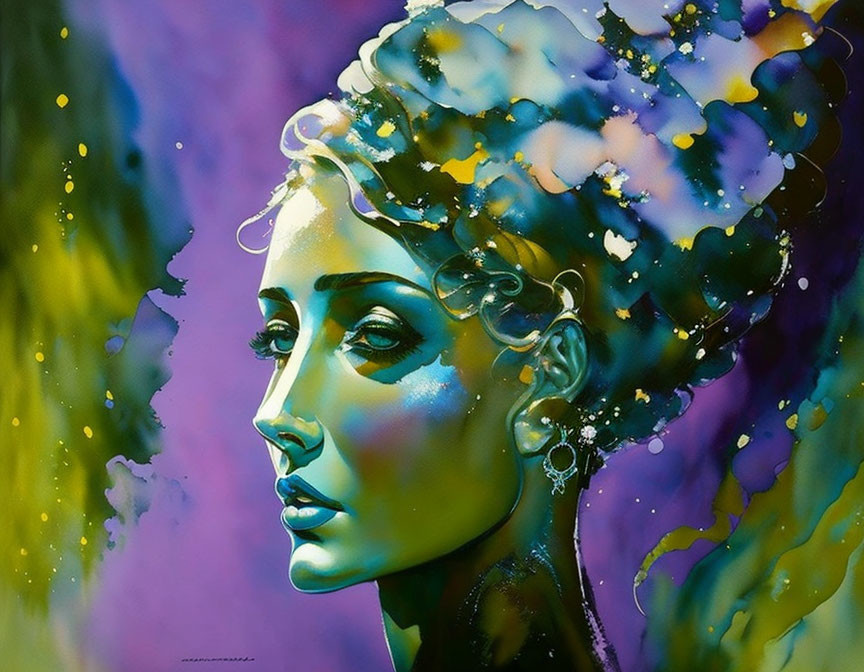 Colorful Abstract Painting of Woman's Profile in Purple and Yellow