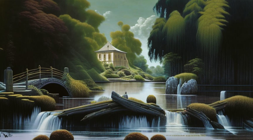 Tranquil landscape with temple, bridge, trees, and waterfall