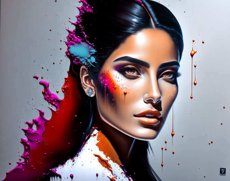 Colorful digital portrait of a woman with striking makeup and paint splashes