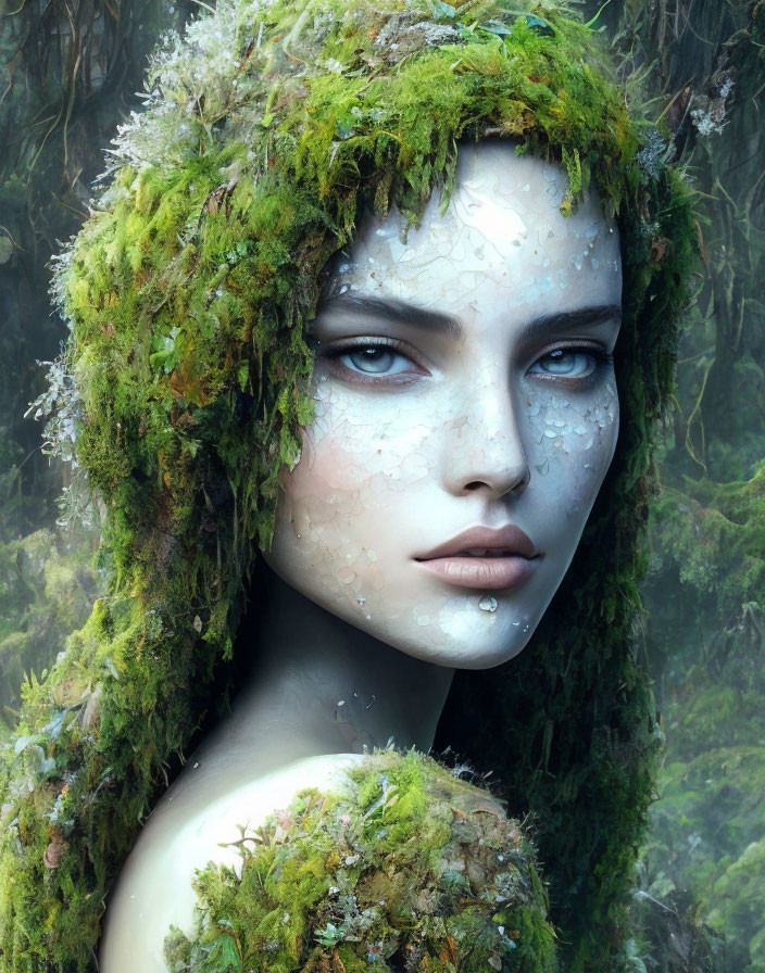 Portrait of woman with moss and foliage in misty forest setting