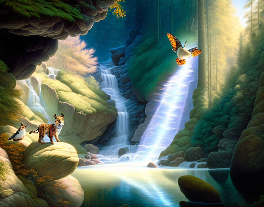 Fantasy landscape with waterfall, sunlight, butterflies, and tigers