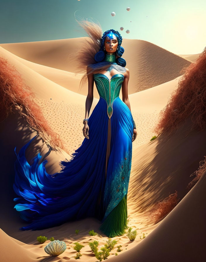 Blue-skinned mystical figure in flowing gown surrounded by bubbles in desert landscape