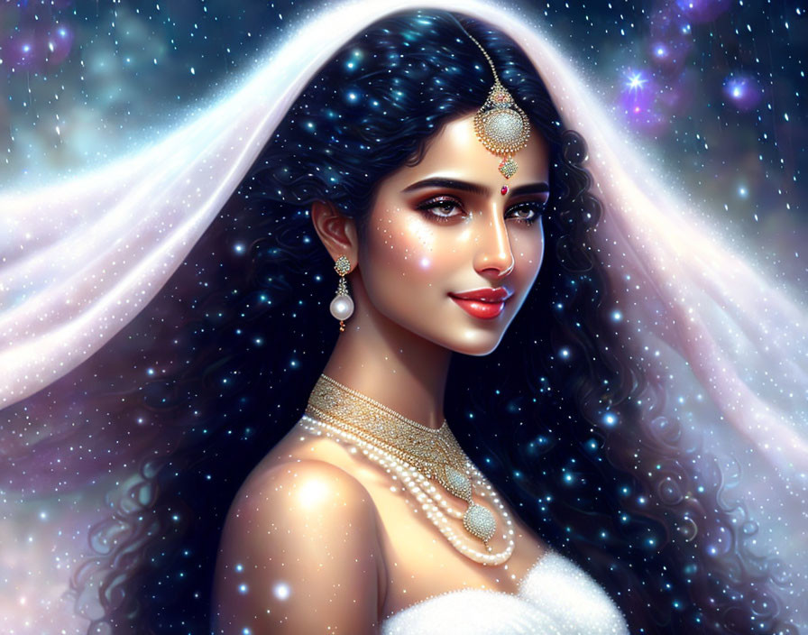 Illustrated woman with long black hair and traditional jewelry against cosmic background