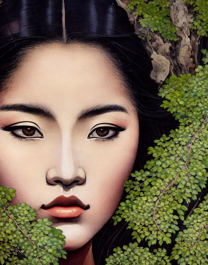 Traditional Asian-inspired painting: Woman with makeup in lush green foliage