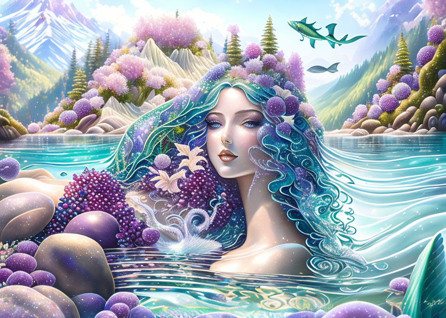 Mermaid with Blue Hair in River Scene with Mountains and Flying Fish