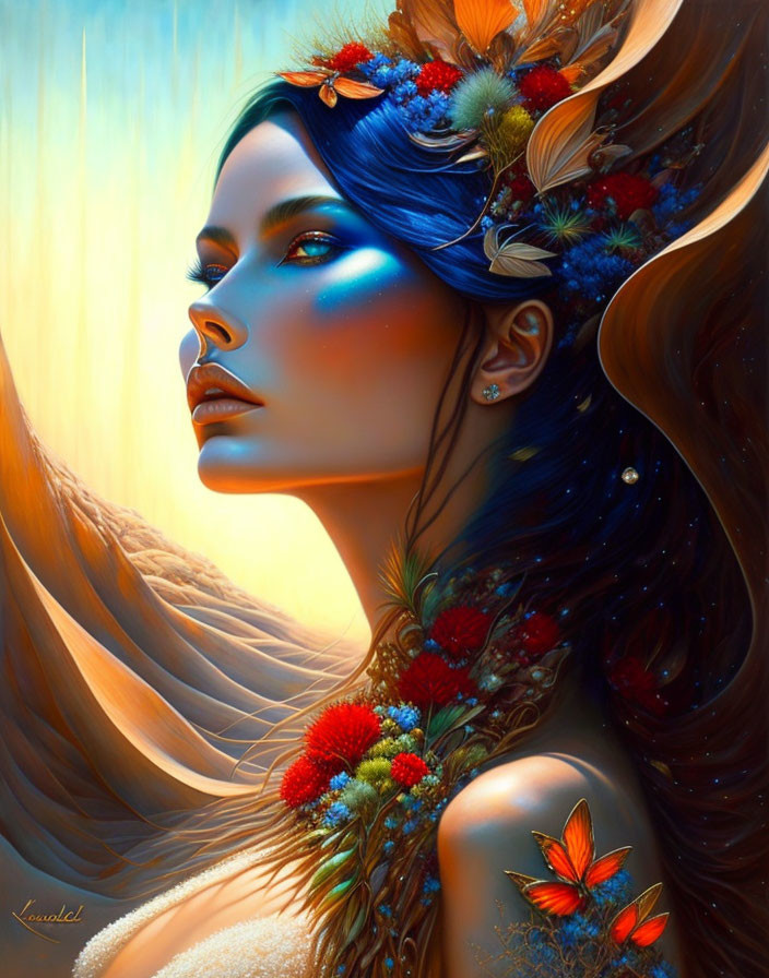 Colorful artwork of woman with blue skin, floral hair, and butterflies.