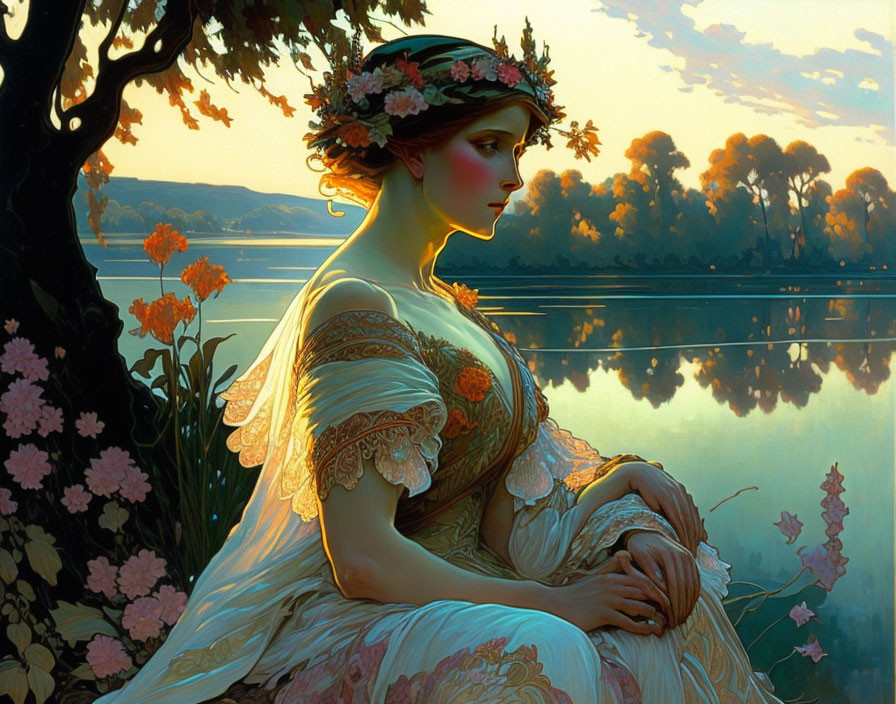 Woman with flower crown by reflective lake at sunset surrounded by nature.