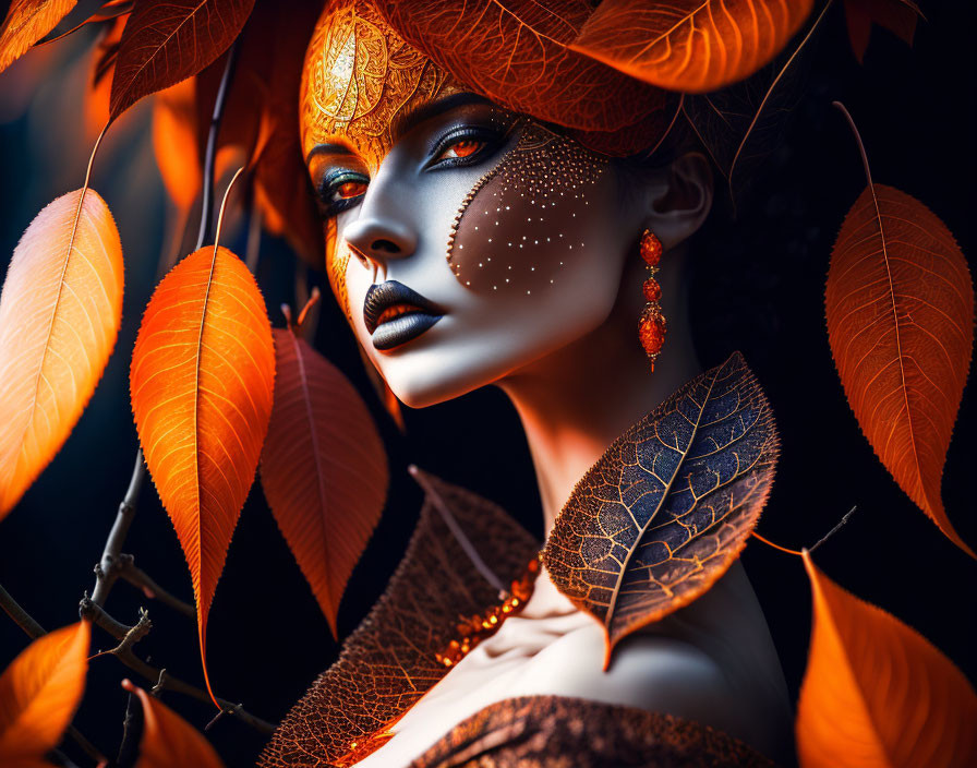 Autumn Leaf-Inspired Woman with Warm-Toned Makeup & Attire