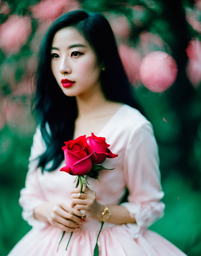 Woman in Pink Dress Holding Red Rose Surrounded by Pink Blossoms