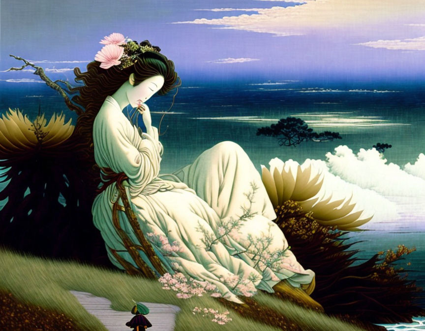 Traditional attire woman by sea with flowers in serene landscape