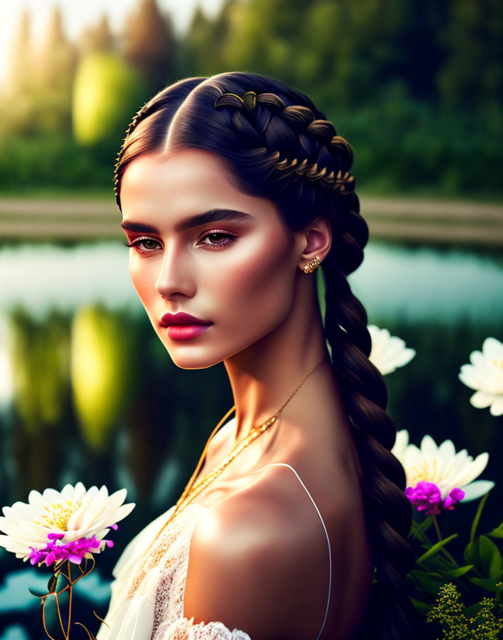 Woman with Braided Hair and Makeup by Pond with White Flowers in Soft Sunlight