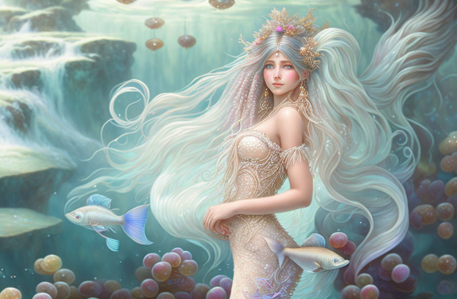 Ethereal mermaid with flowing hair and bejeweled crown in underwater fantasy.