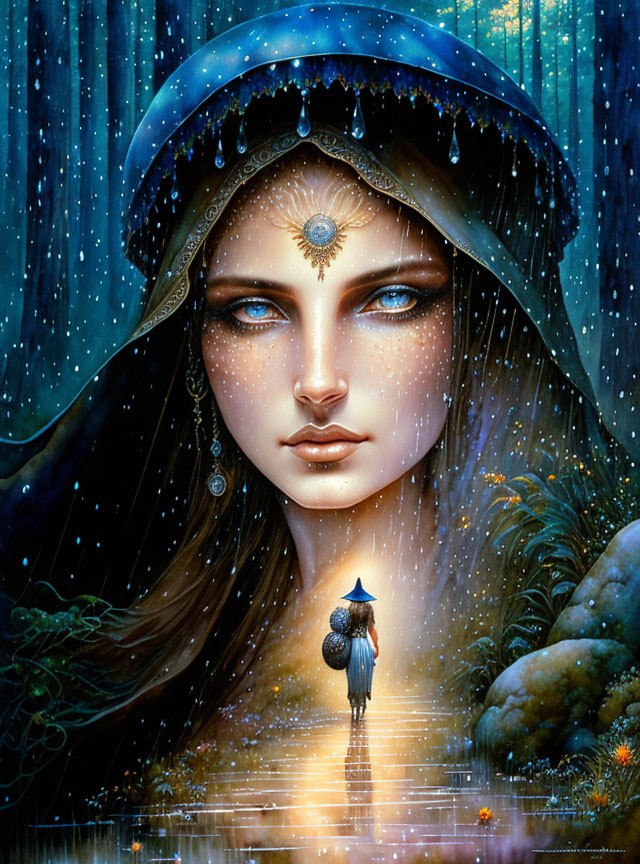 Fantasy illustration of woman with blue eyes and star-speckled skin under starry night sky.