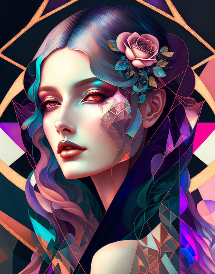 Colorful geometric digital portrait of a woman with elf-like ears and a rose in her hair.