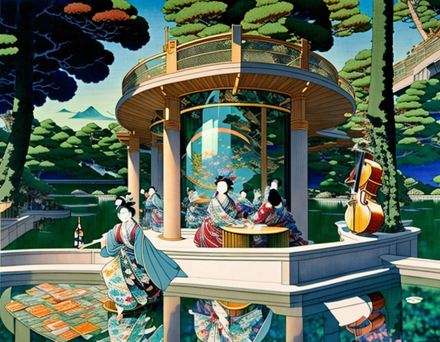 Illustration of three women in traditional Japanese attire in elegant pavilion gardens.