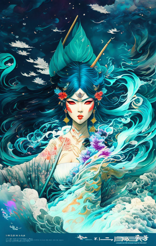 Mystical female figure with blue skin and flowing hair in aquatic attire holding flowers