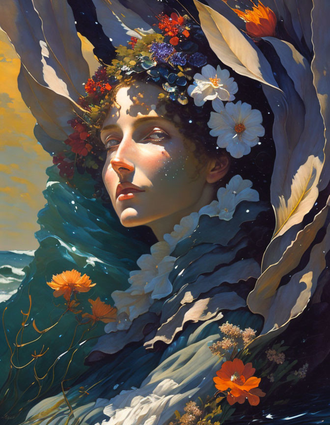 Woman with Floral Crown in Nature-Inspired Portrait