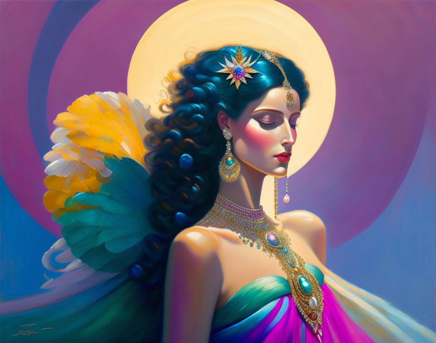 Winged woman with jeweled blue hair in colorful attire