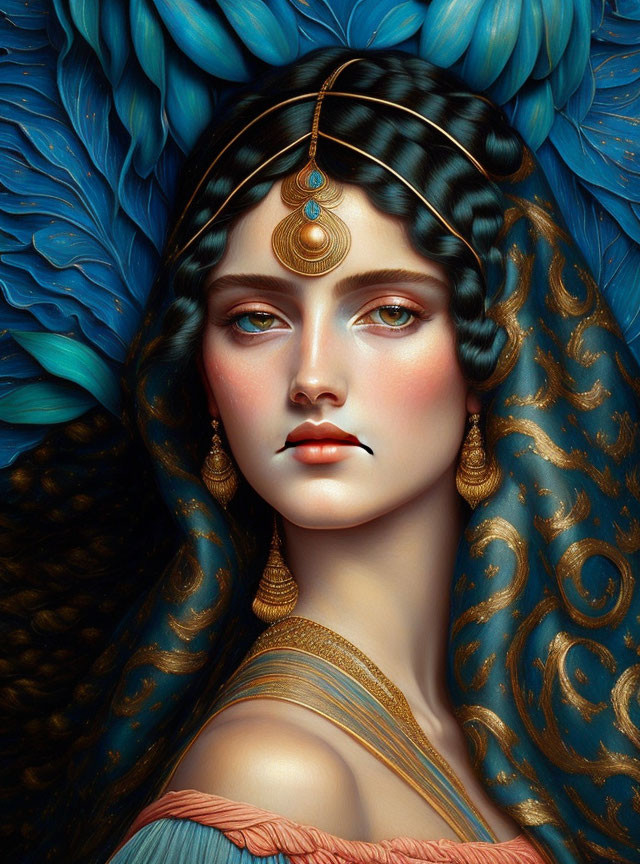 Digital artwork: Woman with blue and golden ornate hair in traditional attire against feathered background