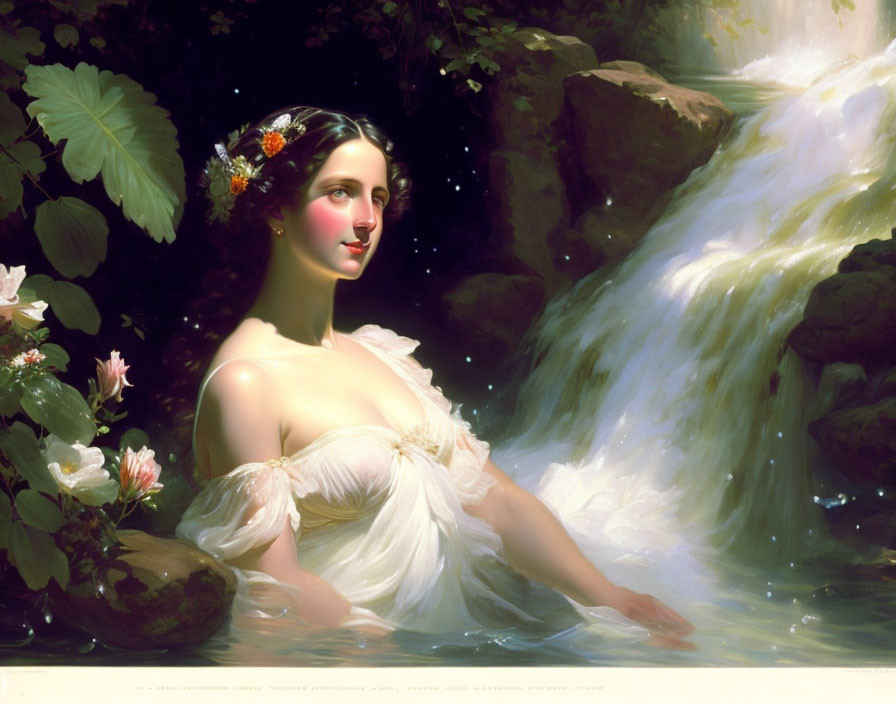 Serene woman with flowers in hair by waterfall in mystical setting