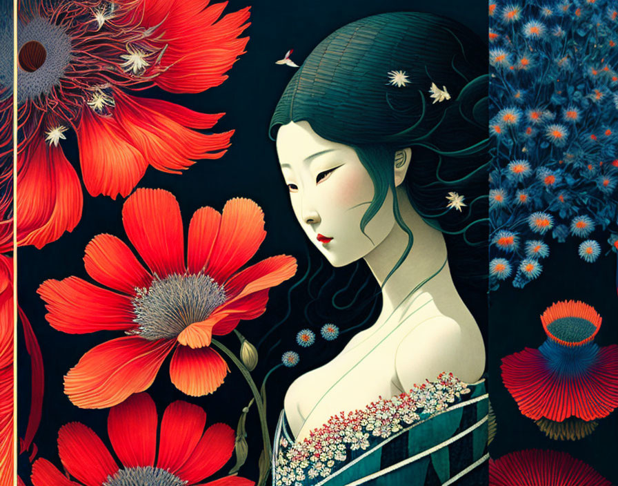 Traditional Asian woman surrounded by vibrant red flowers on dark background