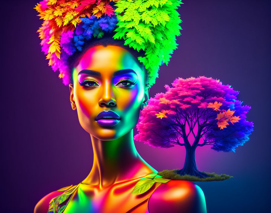 Colorful body paint woman with tree headdress on purple background