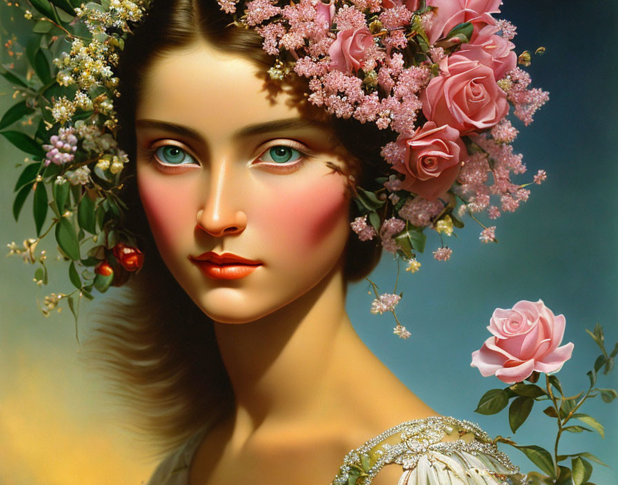 Digital painting: Woman with green eyes and floral headpiece