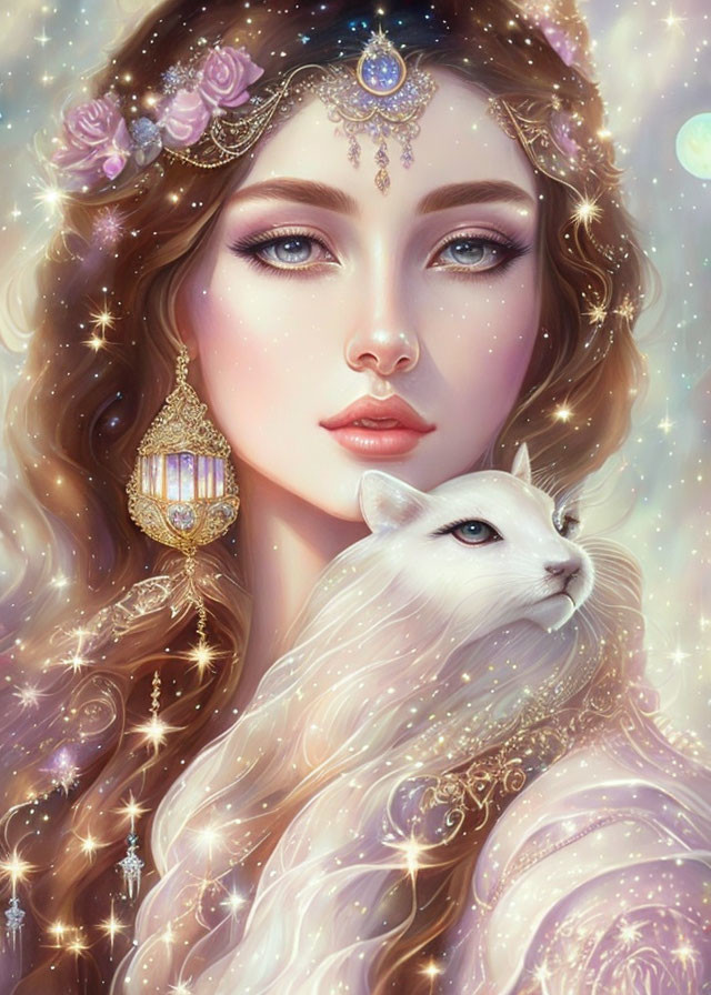 Ethereal woman with jewelry holding white cat under starry sky