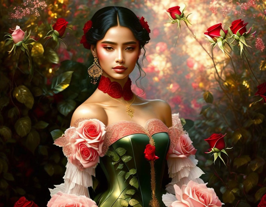 Dark-haired woman in rose-adorned corset dress among romantic roses