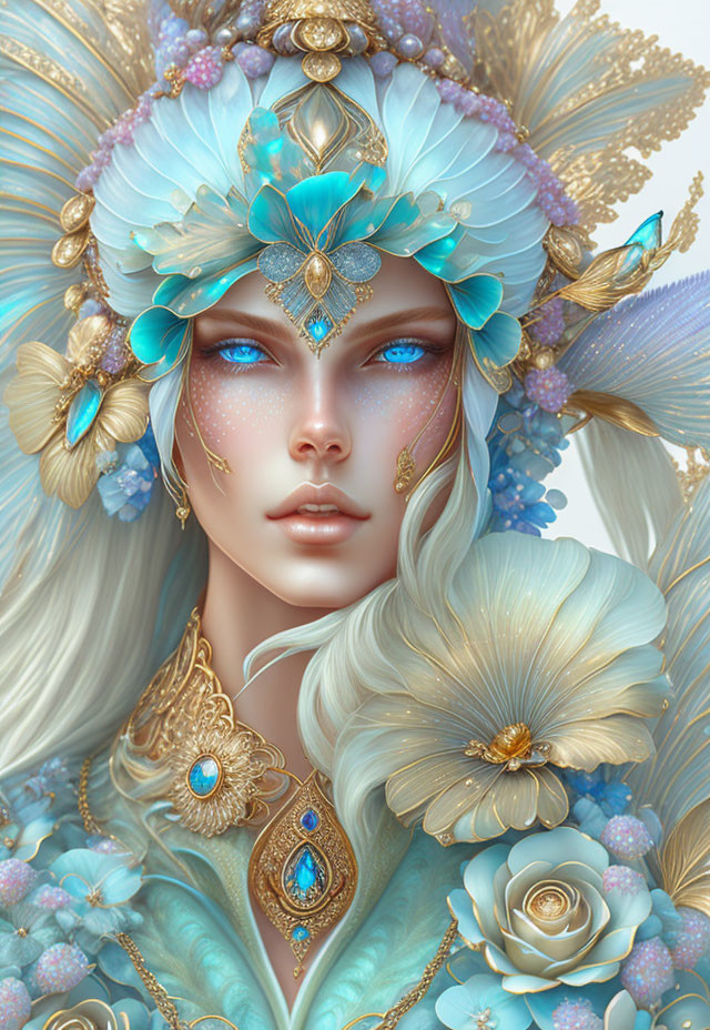 Ethereal figure with blue eyes and ornate headdress and jewelry