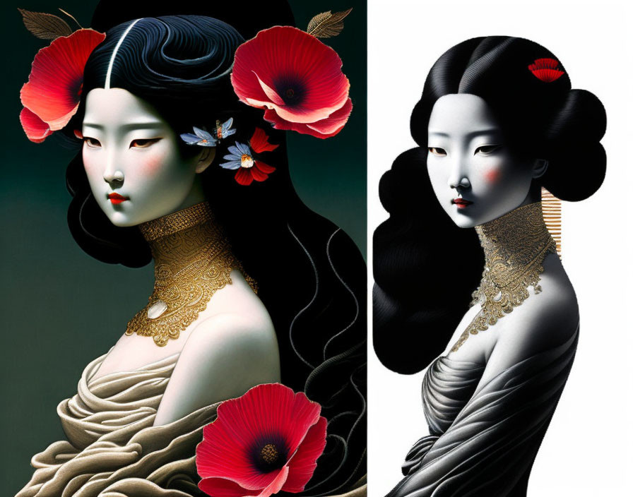 Stylized portraits of women with pale skin and black hair adorned with red flowers and golden jewelry in