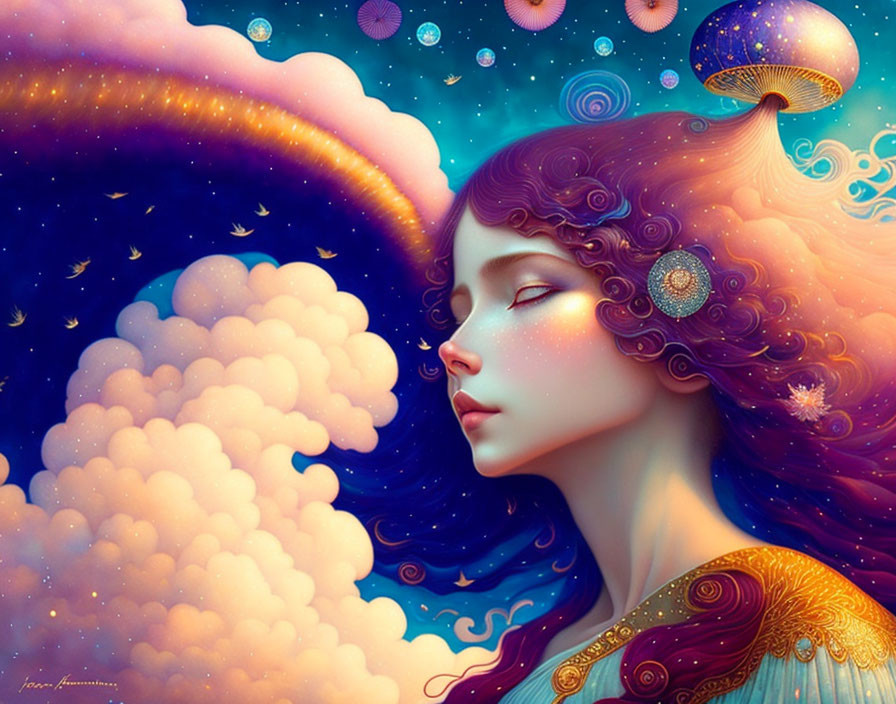 Whimsical girl illustration with flowing hair against vibrant backdrop