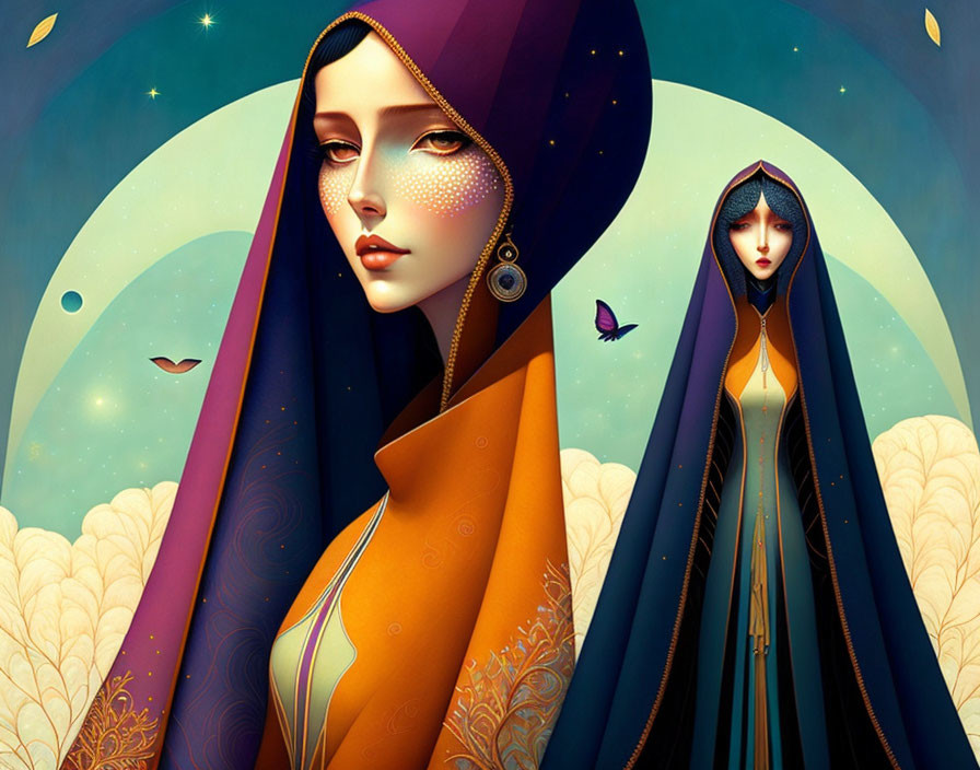 Stylized female figures in draped garments with celestial backdrop