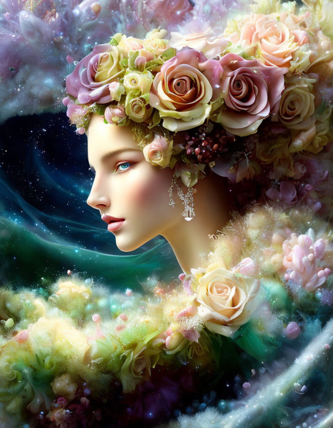 Surreal portrait of woman with floral headdress in cosmic backdrop