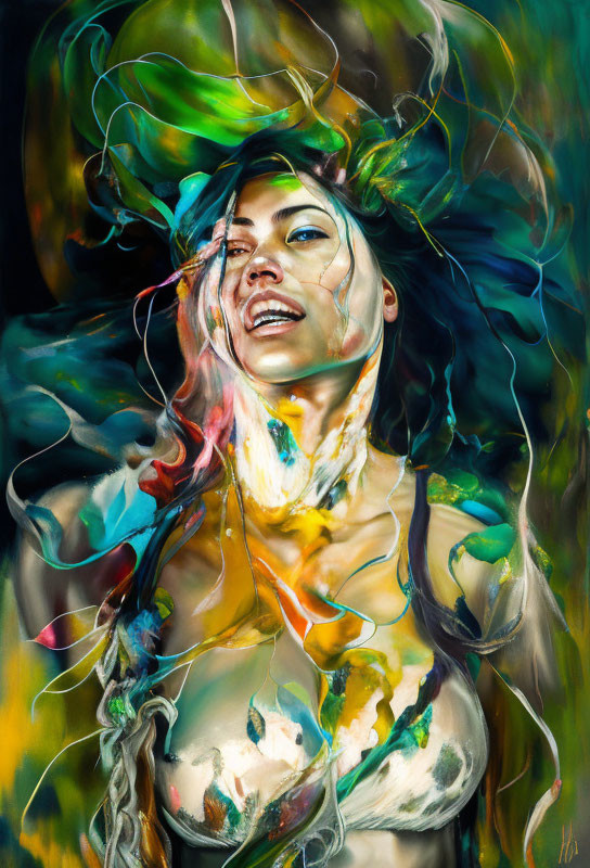 Colorful Abstract Portrait of Woman with Dynamic Brushstrokes